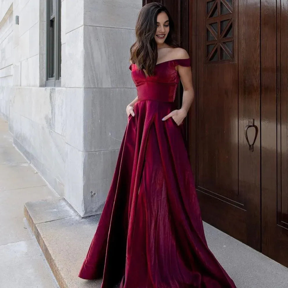 Weitese Dress Sexy Long A-line V-neck Off-the-shoulder Backless Prom Dress With Pockets